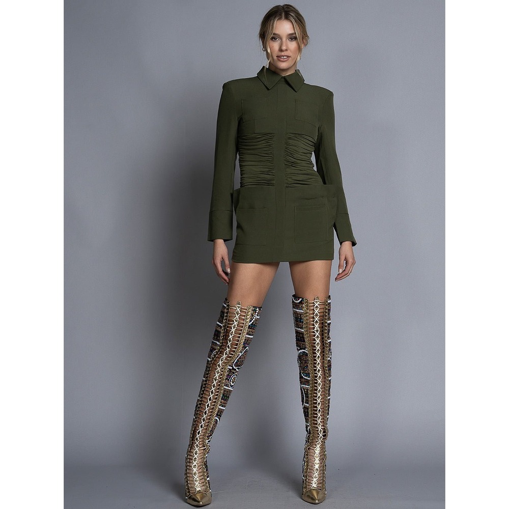 ZCRAVE Guggen Mini Dress Army Green Ruched Fitted Collared‎ Long Sleeve Medium M